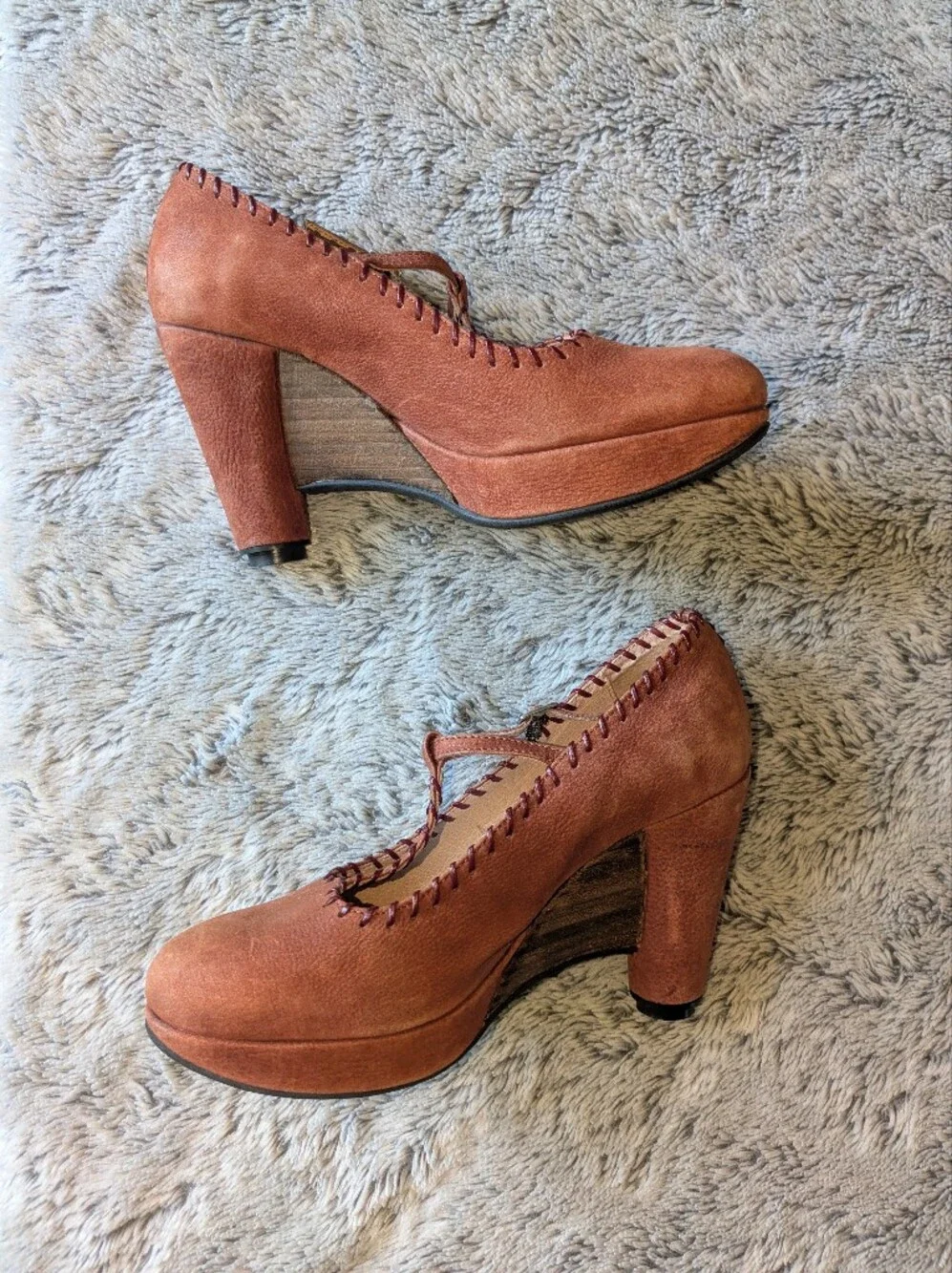 John Fluevog Gertrude Mary Janes Heels Wedges Suede Leather T Strap Size 7
